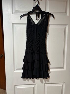 XOXO Black Halter Ruffled Mini Dress with Studded V-Neck